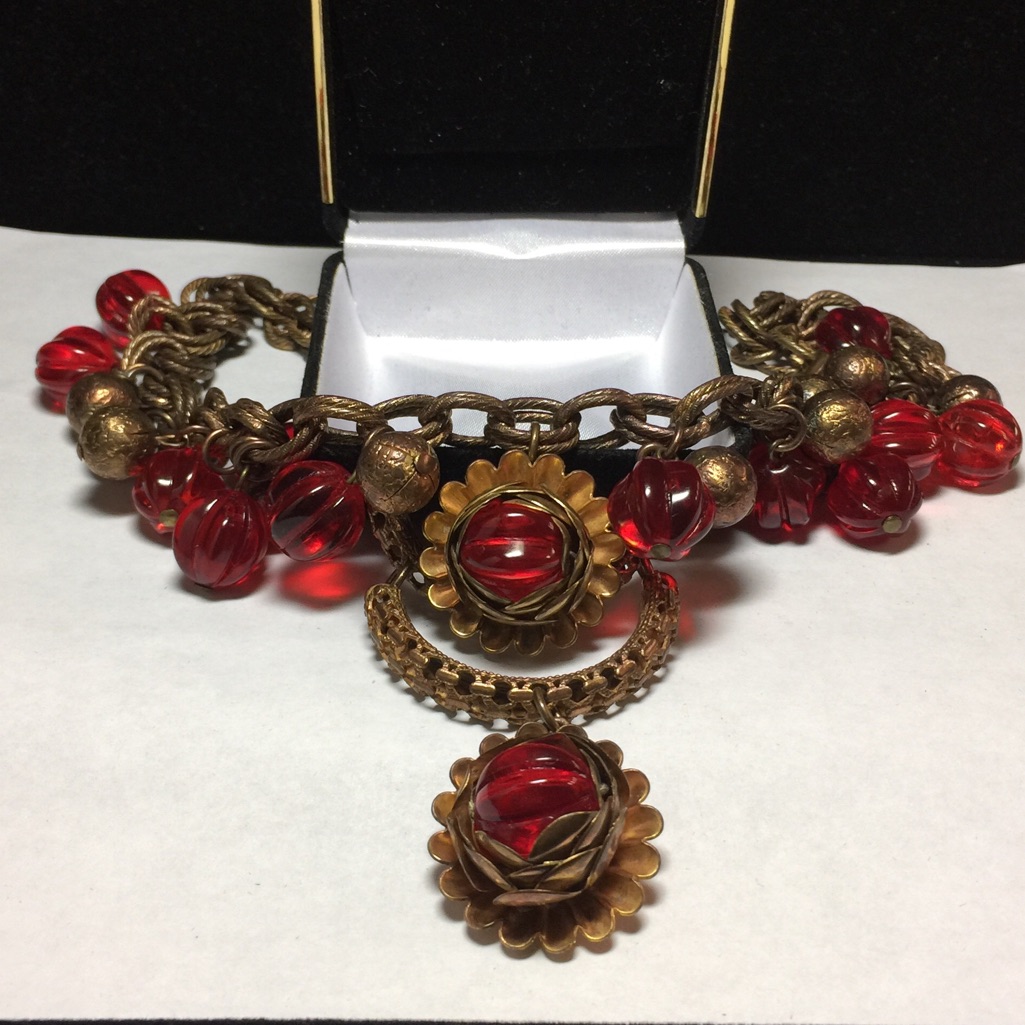Victorian Floral Red Glass Filigree Necklace